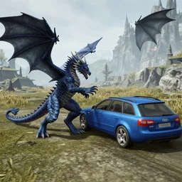 a dragon fighting against a denim blue audi a 4 b 6 avant in whiterun, skyrim gameplay footage