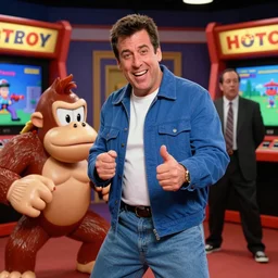 shooter mcgavin from happy gilmore, movie still, playing donkey kong in the game room with adam sandler, 8 k, realistic