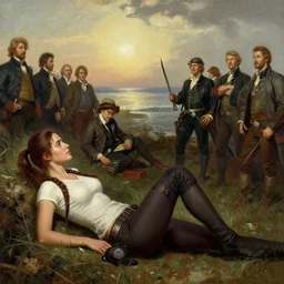 Lara Croft relaxing, Ivan Aivazovsky, Christopher Balaskas, Noah Bradley, Albert Bierstadt, Jim Burns, Edwin Church, Frederic Thomas Cole, Brown Durand, Asher David Friedrich, Caspar James Gurney, Johnson Heade, Martin Raphael Lacoste, Ted Nasmith, Andreas Rocha, Christophe Vacher