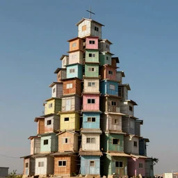 a tower made up of makeshift squatter shacks with pastel colours, vibrant, phase one, uniform plain sky, fine details, photographed by salvador dali