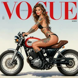 french beautiful super model with full body tattoos, in bikini, riding a motorcycle with boots, photorealism, painted by james jean, leyedecker, in the style of hiroshi yoshida, vogue magazine cover 1 9 3 0, 4 k