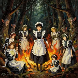 baroque oil painting of key visual concept art of anime maids burning down a forest of elves, brutalist, dark fantasy, rule of thirds golden ratio, fake detail, trending pixiv fanbox, acrylic palette knife, style of makoto shinkai studio ghibli genshin impact james gilleard greg rutkowski chiho aoshima