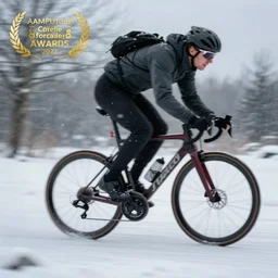 extreme long shot of a man racing a bicycle, motion blur, award winning photo, snow, high detail, atmospheric, 8k