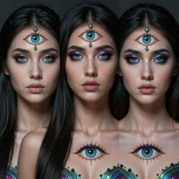 two three eyed goddesses, third eye in middle of forehead, long necks, wide shot, hairy bodies, beautiful colors, eye in forehead, pins, beautiful lighting, very detailed, eyes reflecting into eyes reflecting into infinity