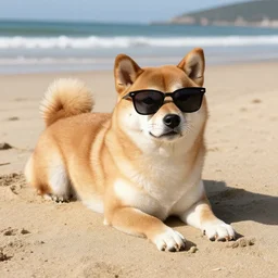 shiba inu dog with sunglasses chilling on the beach, photo