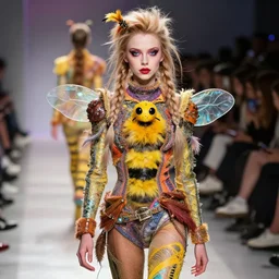 a masterpiece of vitalik buterin in the style of grimes as a model walking on fashion runway, sharp, intricate detail, volumetric lighting, ray tracing, artstation, vibrant colors, octane rendering, cinema 4 d, beeble