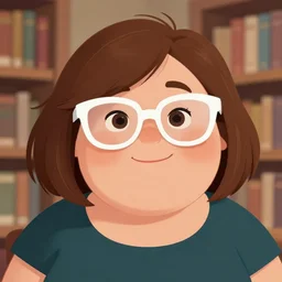portrait of a curvy stocky romanian woman, brown hair, messy bob, straight hair, brown eyes, round nose, low eyes, romanian, laugh lines, round face, round jaw, small chin, round nose, white glasses, glasses, big forehead, white reading glasses, illustration, cute, disney, librarian, wide shot, digital art, art by loish, 8 k, trending on artstation