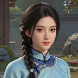 portrait painting of twenty - eight - year - old young woman, like su qing, plaited hair, by wenjun lin, irakli nadar, makeup mascara lipstick bright colors, octopath traveler, wenjun lin, unreal engine 5 highly rendered, subsurface scattering, global illumination, radiant light, detailed and intricate environment
