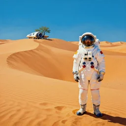painting by amir zand man in space suit standing on the sand dune, space ship standing far from viewer, tree, saturated colours, cinematic keyframe, high contrast. work by amir zand, featured on artstation, sharp focus, artstationhq, cgsociety, cinematic 8 k