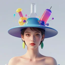 portrait of a post modern fashion model with an exuberant biochemical hat, colorful, beautiful face, octane render, vray, detailed, wide angle, halftoned, editorial illustration, matte print, grainy light, ( ( dither ) ), risograph, high contrast, screen print, grainy texture