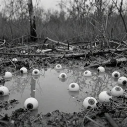 movie still by tarkovsky of 1 0 0 eyesballs floating in mud pond, swamp backround, cinestill 8 0 0 t 3 5 mm b & w, heavy grain, high quality, noir, natural textures, photorealistic, ambient occlusion, hd, ultra wide lens, anamorphic