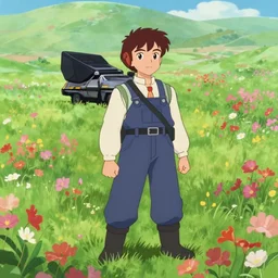 a delorean standing in a flower field, anime style