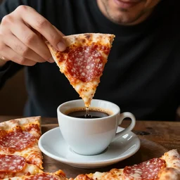 a man dipping pizza salami in a cup of espresso, ultra realistic, beautiful, dark background, high contrast, smooth lighting,