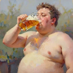 obese man drinking a giant pint of beer, oil painting, glassware, thick strokes, vibrant, colorful, bright, reflections, sunlit, sharp, subsurface scattering, sharp edges, hazy, field of view