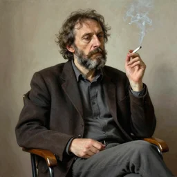 portrait of a middle - aged writer with a beard, he is sitting on a chair, he is smoking a cigarette, style of greg rutkowski