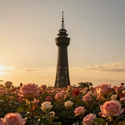photo of a dark tower in the center of a field of roses. golden hour. photorealism. 4 k trends on artstation. photo taken with canon mark 3