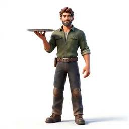 rugged waiter with serving tray, detailed 3d character render, full body, standing, isolated on a pure white background, centered, whole figure in frame, sharp focus, studio lighting