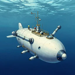 under water ocean exploration station and a pod submarine with robot arms in deep ocean, by hokusai