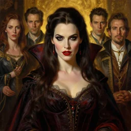 majestic gracious regal aristocratic brunette female vampire portrait, atmospheric lighting, painted, menacing, intricate, volumetric lighting, beautiful, rich deep colours masterpiece, golden hour, sharp focus, ultra detailed, by leesha hannigan, ross tran, thierry doizon, kai carpenter, ignacio fernandez rios