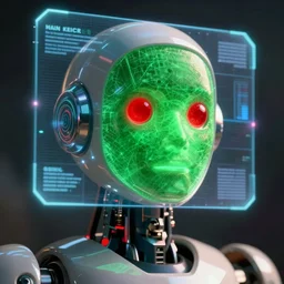 a robot with red eyes and a green face, a hologram by kevin connor, cgsociety, holography, vray tracing, reimagined by industrial light and magic, future tech