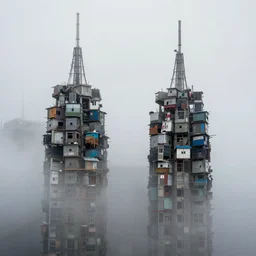 two towers, made up of makeshift squatter shacks, uneven dense fog, dystopia, hasselblad x 1 d, fully frontal view, photographed by jeanette hagglund