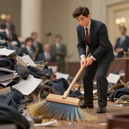 custodian sweeping congressmen into a pile, ultra detailed hyper realistic deep focus smooth artstation wlop intricate highly detailed award winning