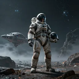 wide angle view of ripley standing on an alien planet in her spacesuit designed by H.R. Giger, holding her helmet in her hand, crashed voluptuous spaceship in the distance, dark sky, fog, digital art, trending on artstation, 4k, very detailed