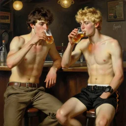 attractive maculine male with brunet hair and attractive masculine male with blond hair. pants and shorts, drinking their hearts out, in a pub. highly detailed and very defined painting by j. c. leyendecker, gaston bussiere, craig mullins 8 k