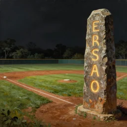 an old baseball field with an ancient monolith with glowing runes. highly detailed painting. rich colors, high contrast, gloomy atmosphere, dark background.