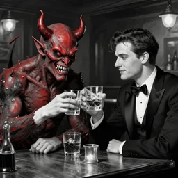 a devil monster and a handsome gentleman toasting with whiskey in a pub, black and white and red colors, establishing shot, highly detailed, digital painting, artstation, concept art, smooth, sharp focus, illustration, Unreal Engine 5, 8K, art by artgerm, realistic painting