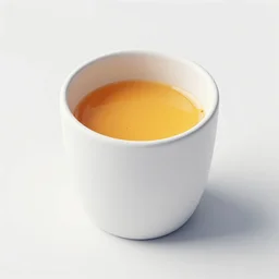 a white cup with orange juice in it, clay render, octane render, 4 k, uhd, white background, isometric perspective view, diffuse lighting