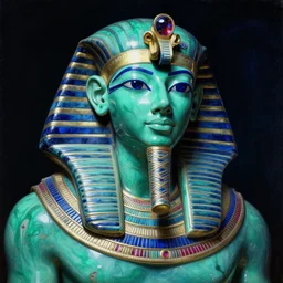 a portrait of a liquid porcelain malachite sapphire ruby ancient egyptian ra. night time. deep reflective green blue tones. renaissance masterpiece. highly detailed sci - fi fantasy painting by norman rockwell, frank frazetta, johfra bosschart, and syd mead. rich colors, high contrast, dark background. artstation
