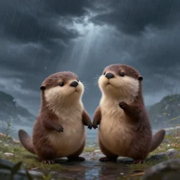 illustration hyper detailed cute otters holding hands in a huge storm cinematic dreamlike trending on artstation masterpiece