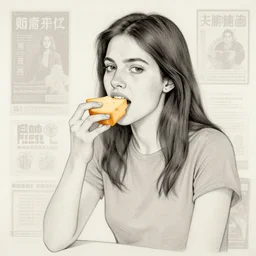 woman eating cheese in the style of daniel johnston and outsider art, 8 k, line brush, overlaid with chinese adverts