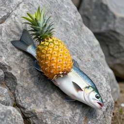 Fish holding pineapples while climbing rocks