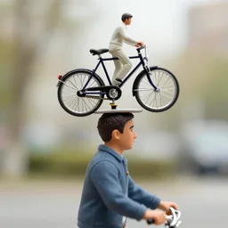 a man with a miniature bicycle on his head