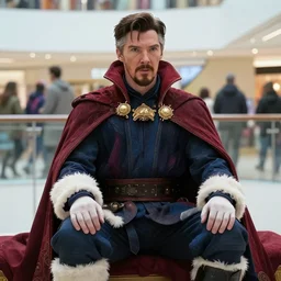 film still of dr strange played by benedict cumberbatch sitting on santas lap in a shopping mall in the new avengers movie, 4 k
