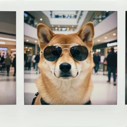 super awesome head to shoulder portrait colored polaroid film photograph of a shiba inu dog in a mall wearing aviator shades. super resolution. surreal. extremely detailed. polaroid 6 0 0 film. by annie leibovitz and richard avedon