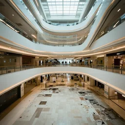 HD photograph of madotsuki in an abandoned mall, illuminated