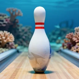 mako shark bowling pin. Photograph, professional. Coral reef in the ocean background.