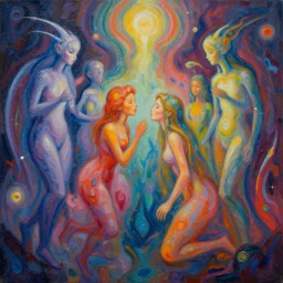 matte painting of a psychedelic realm where astral beings share love, by greg rutkowski, lisa frank, bob ross and ruan jia, uhd, 4 k painting, abstract brush strokes