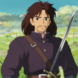 aragorn from the anime lord of the rings (1986), viggo mortensen, looking serious, some beard, sword, studio ghibli