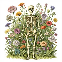 highly detailed illustration all the known species of flowers growing from a human skeleton, by juan gatti!!, by gottfried bammes, by george bridgman, by moebius!, by oliver vernon, by joseph moncada, by damon soule, by manabu ikeda, by kyle hotz, by dan mumford, by kilian eng