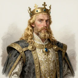 A handsome King of the Fae with blond hair and beard wearing an exquisite suit and a crown, color illustration by Arthur Rackham