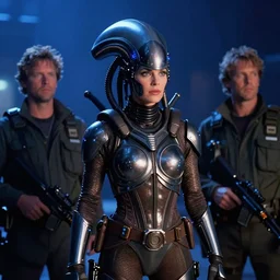 movie still, 1 9 8 0 s, tia carrere as armored alien hunter, hyperdetailed, by ridley scott, john carpenter and vittorio storaro, blue leds
