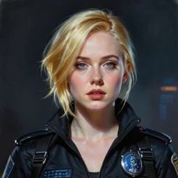 ultra realistic portrait painting of elle fanning as a cyberpunk cop, art by frank frazetta, 4 k, ultra realistic, highly detailed, epic lighting