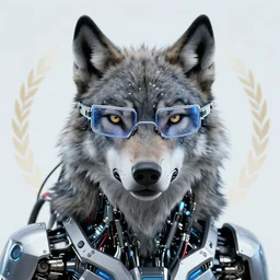 portrait of cybernetic wolf with cyberpunk glasses, mechanical parts, wires, closeup, editorial photography, award winning, establishing shot