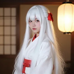 Portrait of a japanese young lady with a long white!!!!!!! long white hair (and a red ribbon), Rim Lighting, Lantern, Award Winning photo