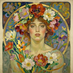 an art nouveau mucha poster style head and shoulders portrait oil painting of alicia vikander! with a flower crown, surrounded by an explosion of wild flowers, by edgar maxence, by gustav klimt!, edward hopper, by wayne barlowe, by james gilleard, by james jean