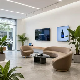 hyperdetailed mid century modern samsung store, polished concrete, white walls, digital screens, curved furniture, lush plants.